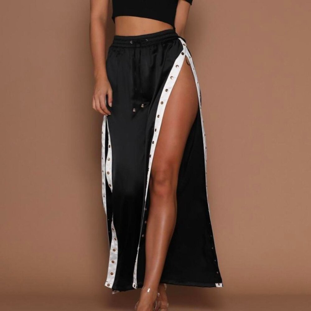 Meshki Satin Popper Pants in Black White women's high rise size small